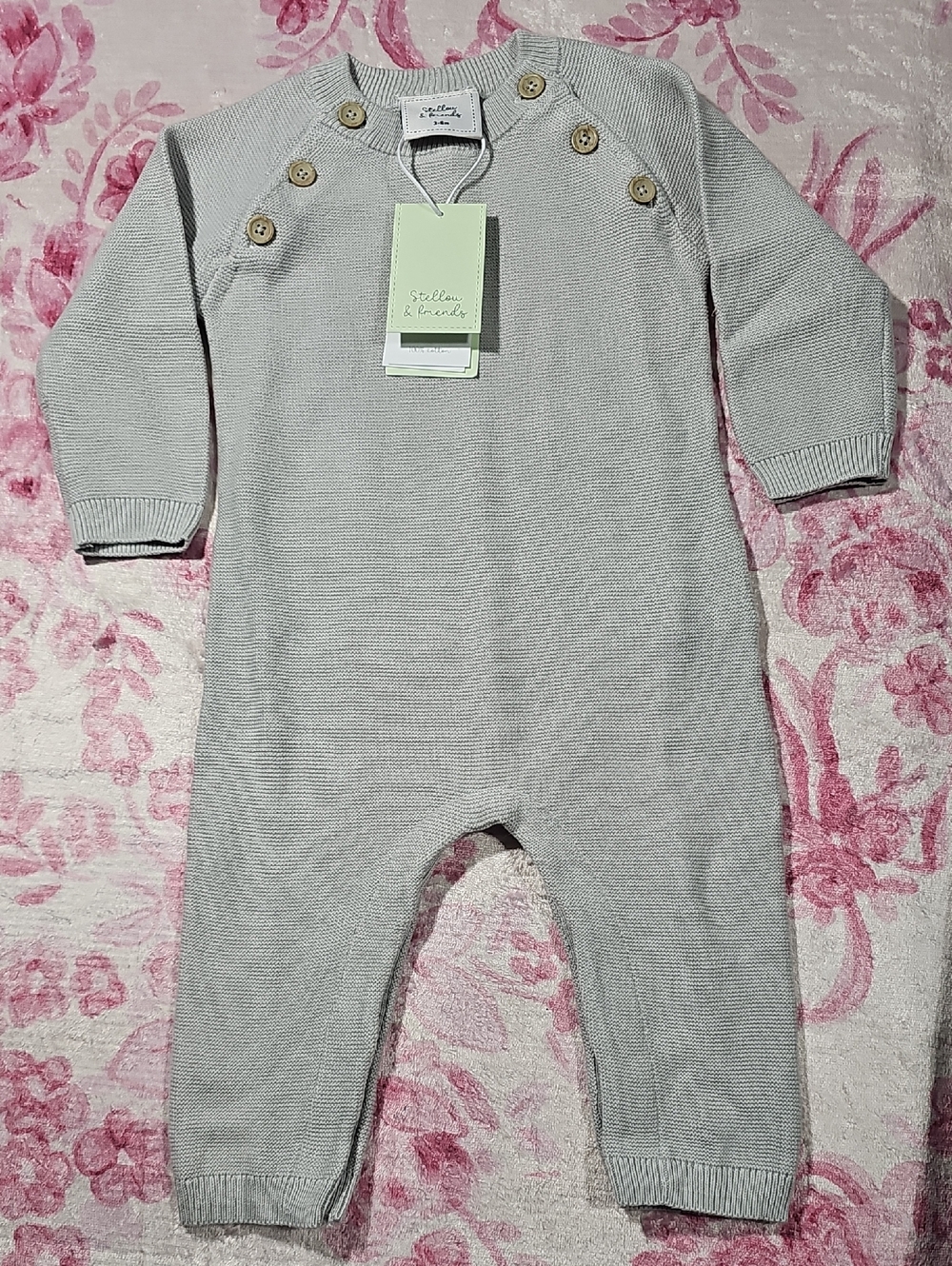 Stellou & Friends Grey Knit Cotton Coverall Romper Baby 3-6M New NWT‎